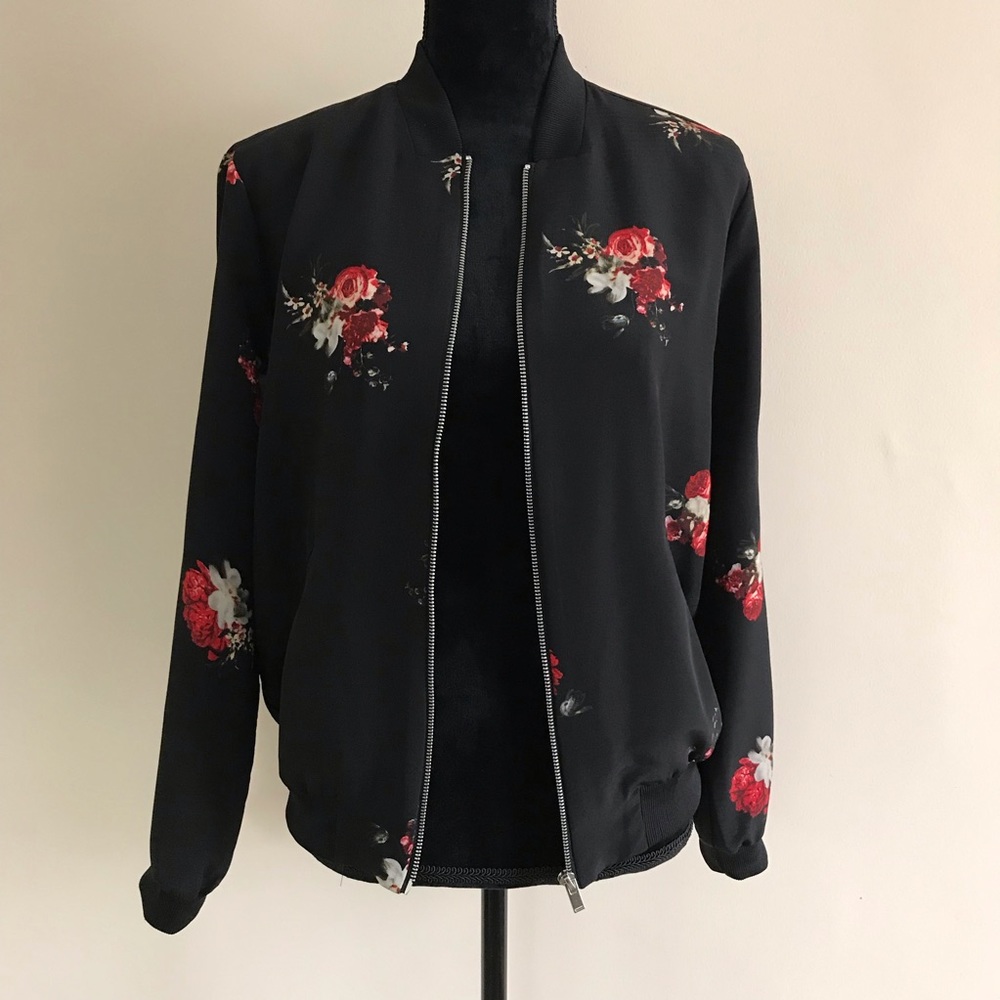 Philosophy black bomber jacket w/ red roses